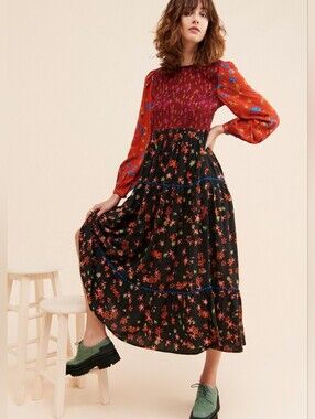 NWT BL^NK London x Anthropologie SVENSON Smocked Multi Print Maxi Dress XS